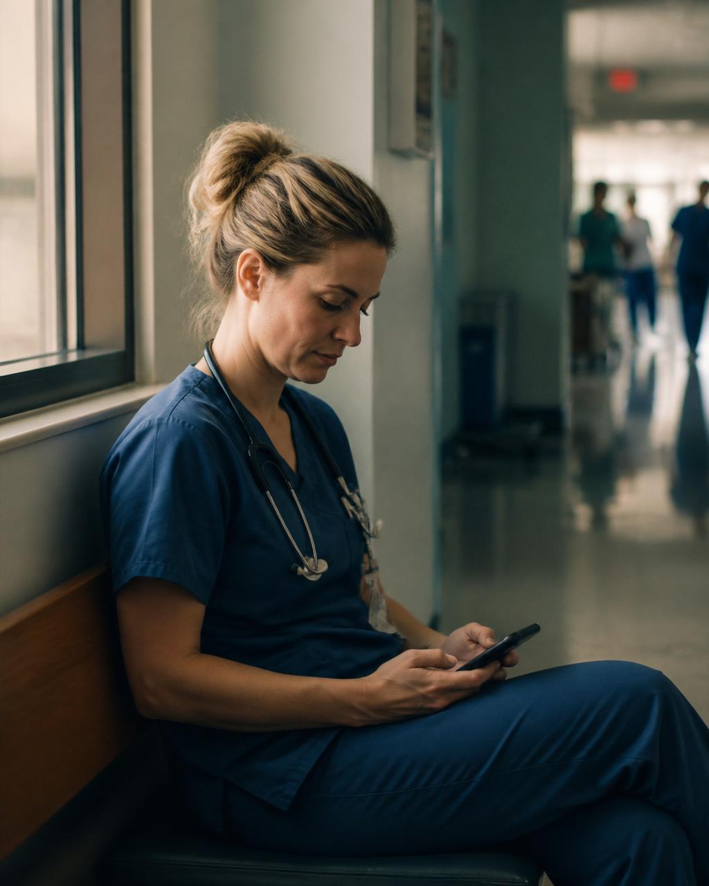 A nurse in scrubs sitting by a window, quietly looking at her phone.