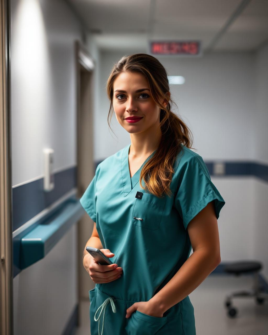 A nurse in teal scrubs taking a quiet moment during a shift